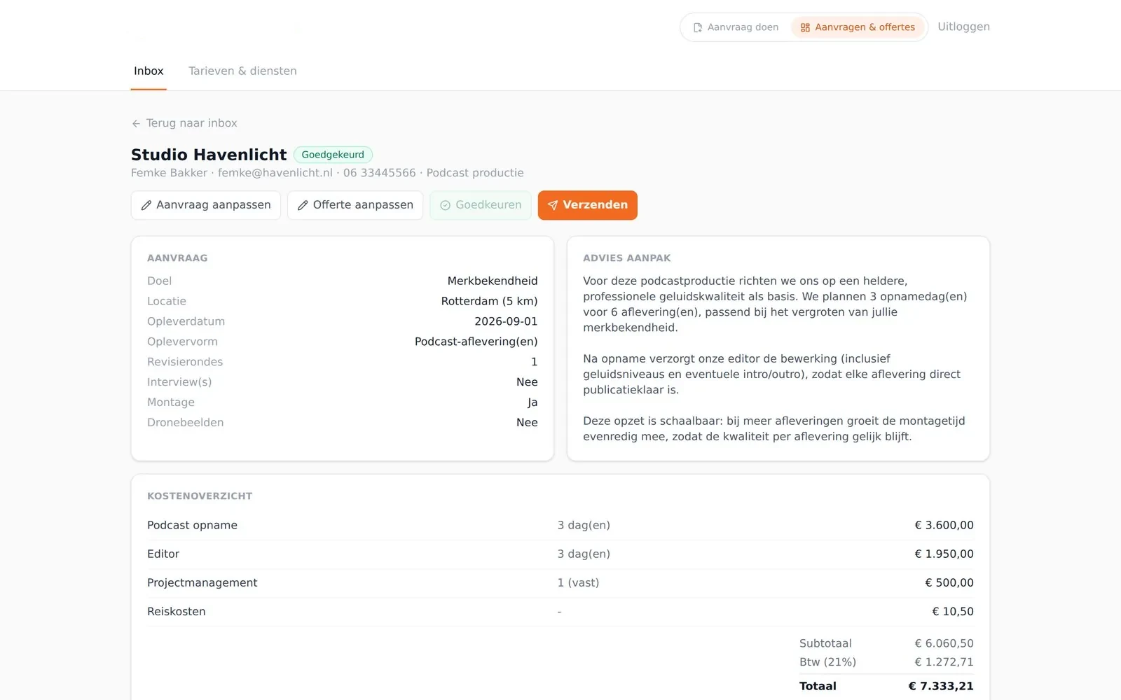 Schermafbeelding van Offerte-assistent op een laptop