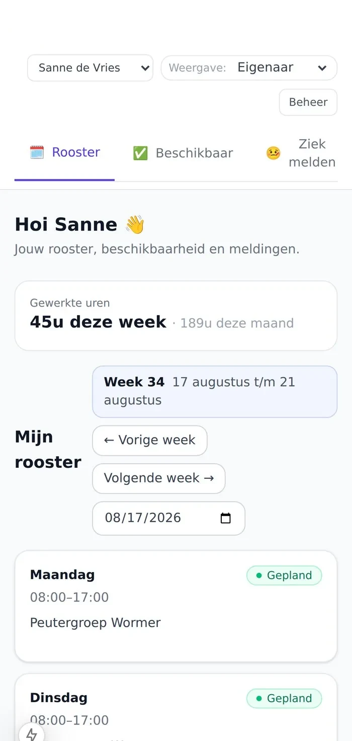 Schermafbeelding van Personeelsplanning op een telefoon